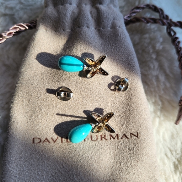 Vintage/Rare David Yurman Teardrop Turquoise & Diamond Stud Earrings SS & 18k ✨️ - Picture 8 of 9